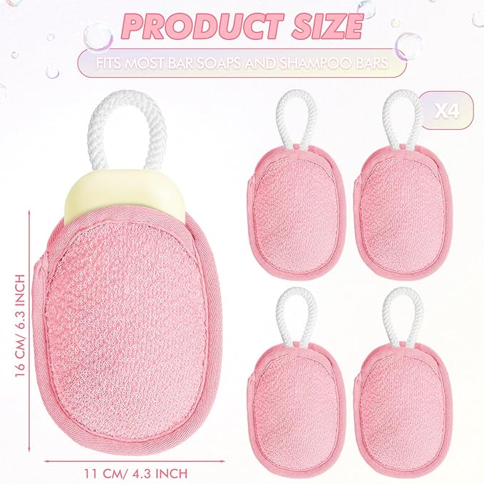 Sunnyray 4 Pcs Bath Body Exfoliating Soap Saver, Exfoliator Scrubber Pouch, Bath Loofah Sponge Body Scrubber Shower Sponge Exfoliating Mesh Pouf for Women and Men Bathing (Pink)