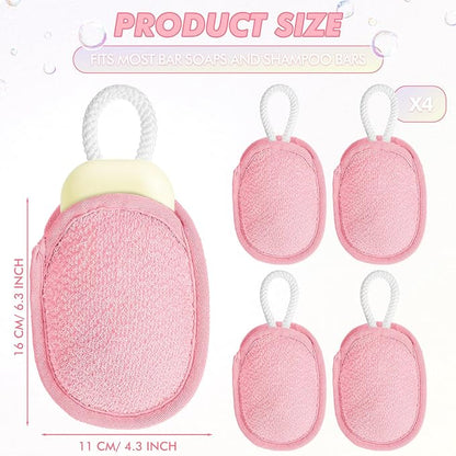 Sunnyray 4 Pcs Bath Body Exfoliating Soap Saver, Exfoliator Scrubber Pouch, Bath Loofah Sponge Body Scrubber Shower Sponge Exfoliating Mesh Pouf for Women and Men Bathing (Pink)
