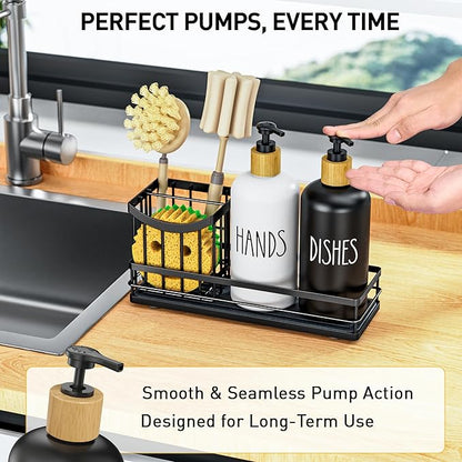 Moforoco Kitchen Dish Soap Dispenser Set, 16OZ Glass Bottle, Hand and Dish Soap Dispenser Set, Instant Dry Tray, Brush Holder with Smiley Face Sponge Holder (Universal Black Tray+Black&White Bottle)