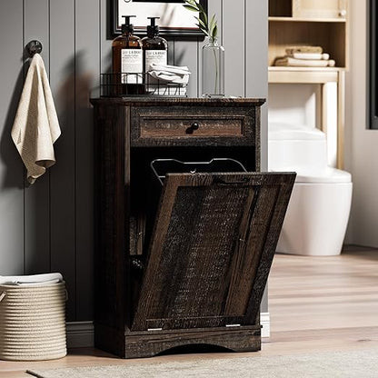 AHB 13 Gallons Tilt Out Trash Cabinet Hidden Trash Can Cabinet Freestanding Garbage Recycling Cabinet with Hideaway Drawer Pet Proof Trash Bin for Kitchen Living Room, Rustic Brown