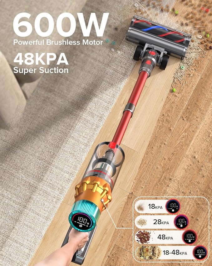 Belife S8 Cordless Vacuum Cleaner, 600W 48Kpa Stick Vacuum with 65Mins Runtime, Self-Standing, 1.6L Large Dust Cup, Anti-Tangle Smart Wireless Handheld Vacuums for Carpet, Hardwood Floor & Pet Hair