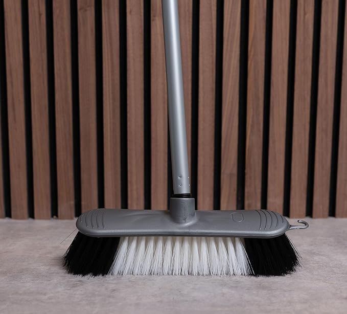 Addis Indoor Plastic Sweeping Broom with Soft Nylon bristles & 3pcs Easy Assemble Metal Handle, Metallic Grey