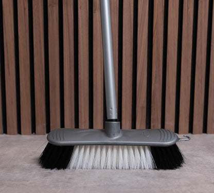 Addis Indoor Plastic Sweeping Broom with Soft Nylon bristles & 3pcs Easy Assemble Metal Handle, Metallic Grey