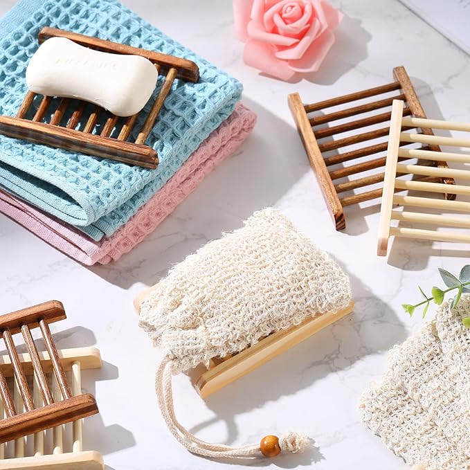 Soap Exfoliating Bag Holder Set Included Bathroom Wooden Soap Dish Pine Wood Soap Holder Tray Natural Bar Soap Pouch Mesh Bath Soap Saver Bag Container (Wood Color, Carbonized Color, 60 Pcs)