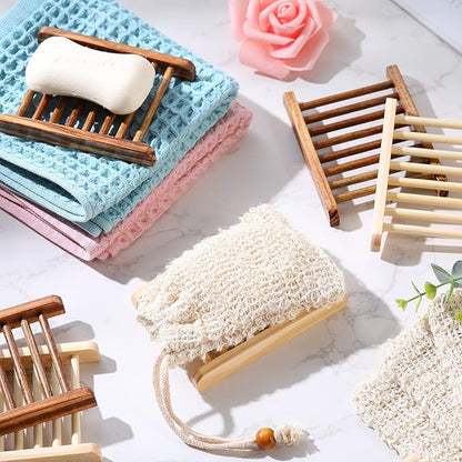 Soap Exfoliating Bag Holder Set Included Bathroom Wooden Soap Dish Pine Wood Soap Holder Tray Natural Bar Soap Pouch Mesh Bath Soap Saver Bag Container (Wood Color, Carbonized Color, 60 Pcs)