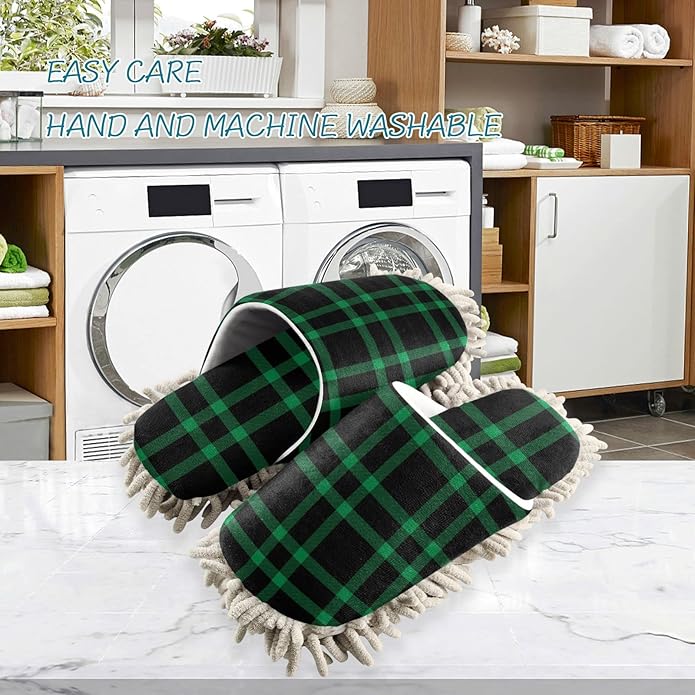 Kigai Microfiber Cleaning Slippers Black Green Plaid Washable Mop Shoes Slipper for Men/Women House Floor Dust Cleaner, Size L