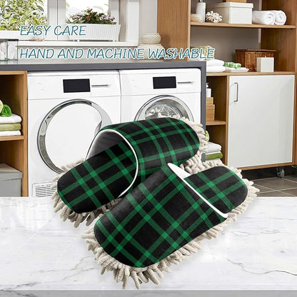 Kigai Microfiber Cleaning Slippers Black Green Plaid Washable Mop Shoes Slipper for Men/Women House Floor Dust Cleaner, Size L
