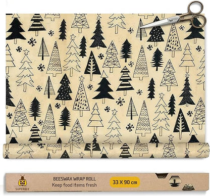 SUPERBEE Reusable Beeswax Wraps for Food – XL Beeswax Wrap Roll (35x13"), Bees Wrap Paper for Wrapping Cheese, Veggies, Sandwiches & Bowl Covers, Festive Holiday Print, Sustainable Gift Idea