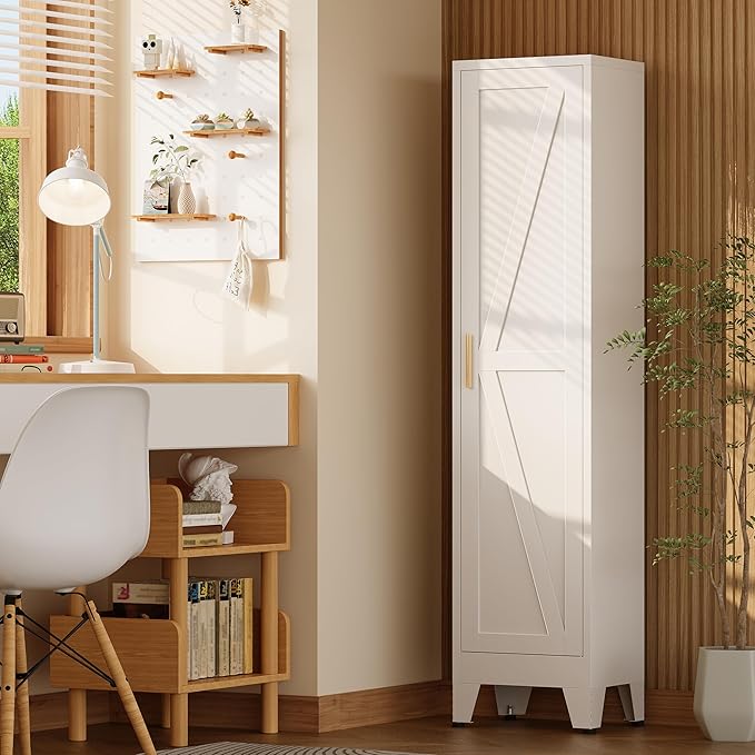 67" H Broom Closet Storage Cabinet,Metal Cleaning Cabinet,Narrow Storage Cabinets with 4 Adjustable Shelves,Slim Tall Floor Cabinet