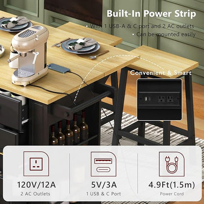 51.2" Kitchen Island with 6 Drawers, Pull Out Trash Can Storage, Rolling Kitchen Island on 5 Wheels with Drop Leaf, Power Outlet, 5 Open Side Racks for Kitchen, Dining Room, Black