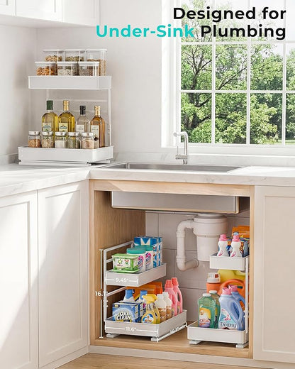 EVERIE Metal Pull Out Slide Shelf Organizer for Framed or Frameless Under Sink CabinetsOrganization in Kitchen, Bathroom, Counter, Cabinets (White, 1 Set)