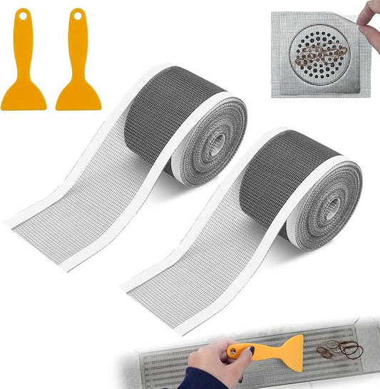 2 PCS 2.75 Inch x 33 FT Disposable Shower Drain Screen Self-Adhesive Stickers, with Cleaning Shovel, Showers Drain Hair Catcher, Shower Drain Mesh Stickers for Bathroom Kitchen Sink
