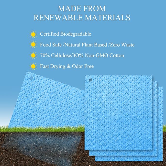 Swedish Kitchen Dish Cloths - 6 Pack Reusable Paper Towels for Counters & Dishes - Eco Friendly Cellulose Sponge Cloth (Blue)