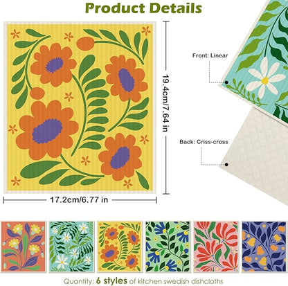 6 Packs Swedish Paper Cloths for Kitchen, Reusable Paper Towels Washable Dish Rags, Highly Absorbent Kitchen Towels Quick Drying Swedish Sponge Cleaning Dish Cloths(Bright Abstract Floral)