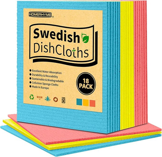 Swedish Dishcloths, 18 Pack Kitchen Towels Dish Rags, Absorbent Swedish Dish Towels for Kitchen, Non-Scratch Cellulose Cleaning Wipes, Biodegradable Washable Reusable Paper Towels