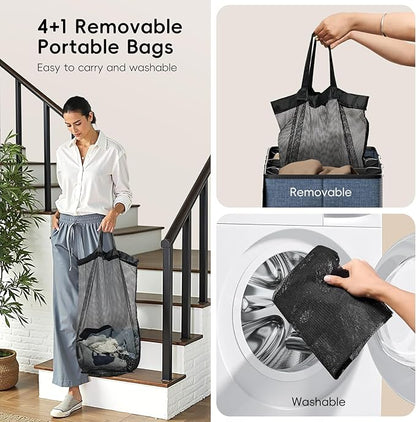 Laundry Hamper 4-Section with Lid, 185L Laundry Sorter with 4 Removable Bags + 1 Extra Large Bag, Switchable 3/4 Compartment, Laundry Basket Organizer for Bedroom, Laundry Room，Navy Bule