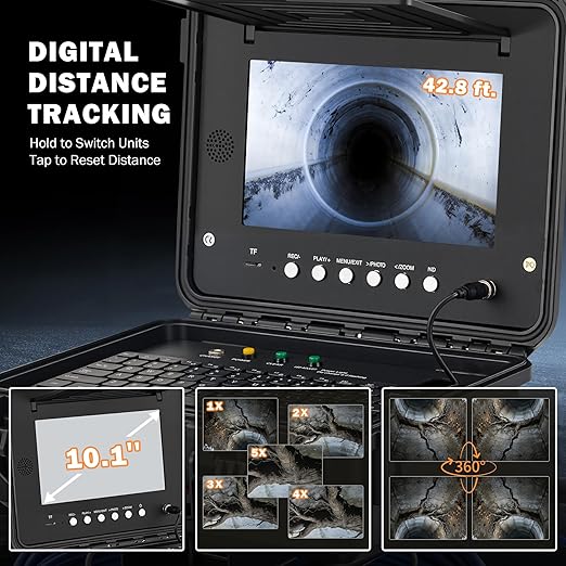 ZELCAN 10.1" Self-Leveling Sewer Camera with 512Hz Locator, Sewer Inspection Camera with 100 ft. Cable & Digital Length Counter, Rechargeable Drain Pipe Camera with Keyboard & 12 LED Lights