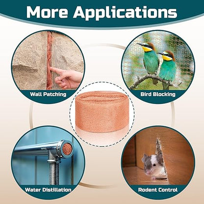 Copper Mesh Rodent Control, 4in x 90ft Rustproof Pure Copper Mesh Roll for Slug Snail Mice Control, Ideal for Blocking Holes in Walls Vents, Plus Packing Tool for Easy Installation