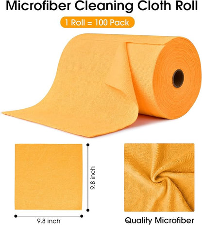 Microfiber Cleaning Cloth Roll–100 Pack, Tear Away Microfiber Towels, Reusable, Washable, Scratch-Free, Kitchen Towels for Car, Home, Kitchen, Glass, Dishes(Tangerine Yellow)