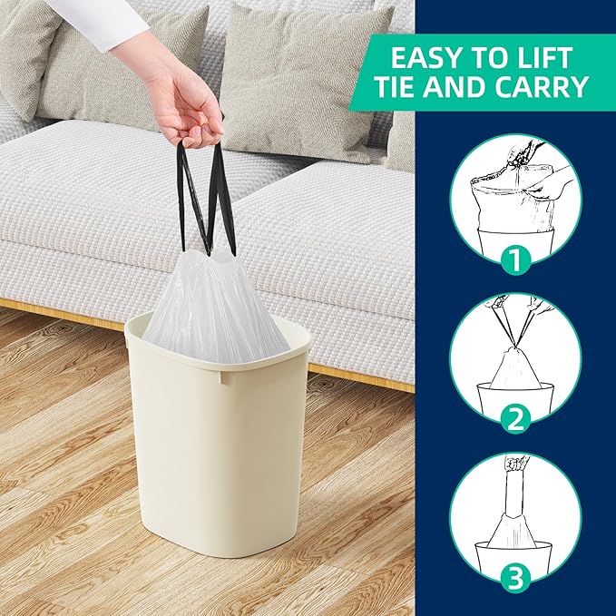 KSSKSS 2.6 Gallon Mini Drawstring Trash Bags, Small Garbage Bags by KSSKSS, Code a fit 10-15 Liter, 2.6-4 Gal, White Trash Bin Liners for Home Office Kitchen Bathroom Bedroom, 120 Counts