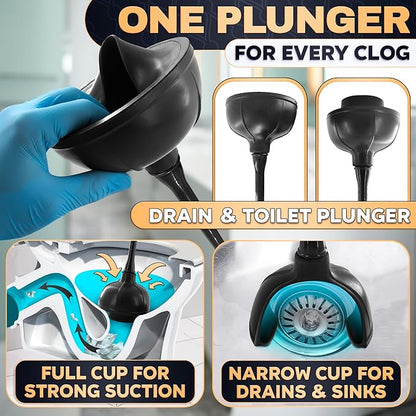 2-in-1 Black Toilet Brush and Plunger Set with Holder – Compact Bathroom Cleaning Combo, Strong Rubber Plunger & Stiff Bristle Brush, Space-Saving Stand, Fits Most Standard Toilets, 9.3×6.3×15.2 inch