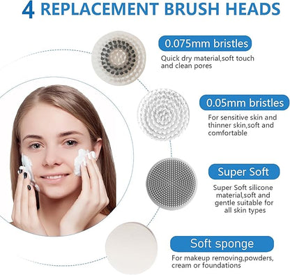 Facial Cleansing Brush, 2 in 1 Ｗaterproof IPx7 Facial Spin Scrubber Set with 4 Brush Heads, Rechargeable Exfoliating Face Brush Deep Cleansing, Gently Exfoliate and Remove Blackhead (White)