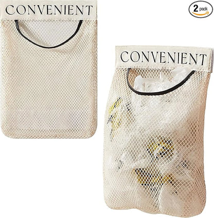 2 Pack Trash Bag Holder Dispenser Sticky Wall Mount Mesh Convenient Storage Organizer for Home Kitchen Grocery Plastic Shopping Garbage Bags Reusable Produce Tote Bag
