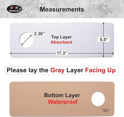 Faucet Mat for Kitchen Sink Offset : AHA HOMEWARE Kitchen Sink Splash Guard for Offset Double Sink, Cuttable Extra Hole for Soap Dispenser, Diatomite Leather Absorbent Fast Drying (Light Gray)