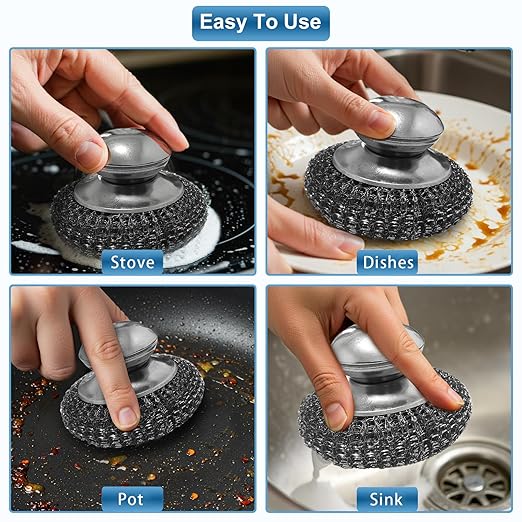 Steel Wool Scrubber with 2 Replacement Pads,Dish Scouring Pads for Cleaning Cast Iron, Dishes, Kitchen Pots, Pans, Grills, Stoves, Sink & More