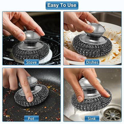 Steel Wool Scrubber with 2 Replacement Pads,Dish Scouring Pads for Cleaning Cast Iron, Dishes, Kitchen Pots, Pans, Grills, Stoves, Sink & More