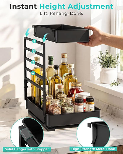 EVERIE Height Adjustable 2 Tier Metal Pull Out Slide Shelf Organizer for Under Sink Cabinets in Kitchen, Bathroom, with Snap-on Top Tray, 16" Deep (Black, 2 Sets) | Pull Out, Slide Shelf