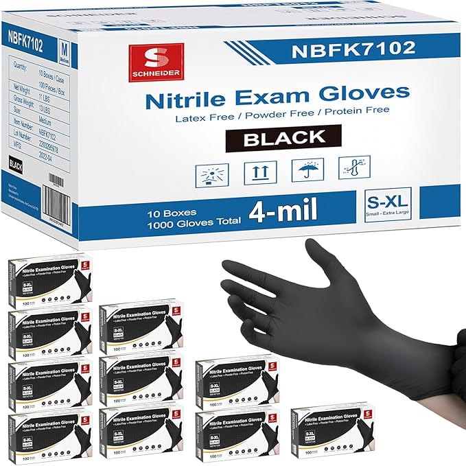 Schneider Nitrile Exam Gloves, 4 Mil Black Gloves Disposable Latex Free Powder Free, Food Safe for Cooking, Food Prep, Clean