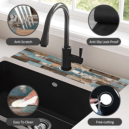2PCS 24" X 5.5" Kitchen Sink Splash Guard Faucet Mat Wood Grain Super Absorbent Fast Drying Faucet Guard & Draining Mat Sink Splash Guard Behind Faucet for Kitchen, Bathroom