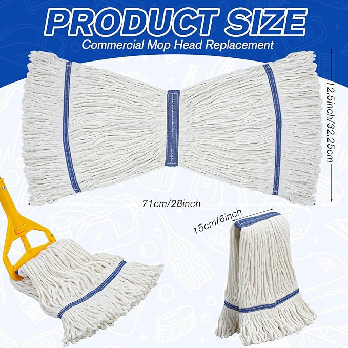 Eccliy 3 Pack Mop Heads Replacement Commercial Industrial Mop Heads Heavy Loop End Cotton String Heavy Duty Refills Wet Washable Refills for Home General Floor Cleaning (White,Blue)