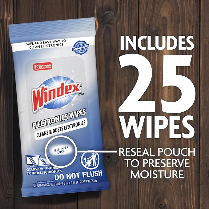 Windex Electronic Cleaning Wipes, Pre-Moistened Screen Wipes for TVs, Phones, and Other Electronics, Resealable for a Freshness Lock, 25 Count (Pack of 12)