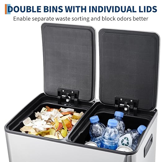 Takywep 2 x 8 Gal (2 x 30L) Kitchen Dual Trash Can, Stainless Steel Double Trash Can with 2 Removable Inner Buckets, Soft-Close Lid, Double Compartment Recycling Bin for Kitchen Home Office, Silver