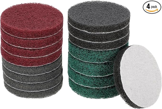 HARFINGTON 4pcs Scrubber Scouring Pads 180 400 800 1200 Grits 3 Inch Drill Power Brush Hoop and Loop Surface Conditioning Disc Drill Scuffing Disc Scrub Pads for Kitchen Cleaning, 4 Colors
