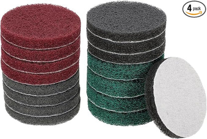 HARFINGTON 4pcs Scrubber Scouring Pads 180 400 800 1200 Grits 3 Inch Drill Power Brush Hoop and Loop Surface Conditioning Disc Drill Scuffing Disc Scrub Pads for Kitchen Cleaning, 4 Colors