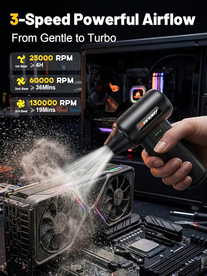 Electric Air Duster 130000RPM, Compressed Air Duster Cordless Rechargeable, 3-Speed Air Blower with 4 Nozzles, Keyboard Cleaner for PC Computer Electronics Car Cleaning