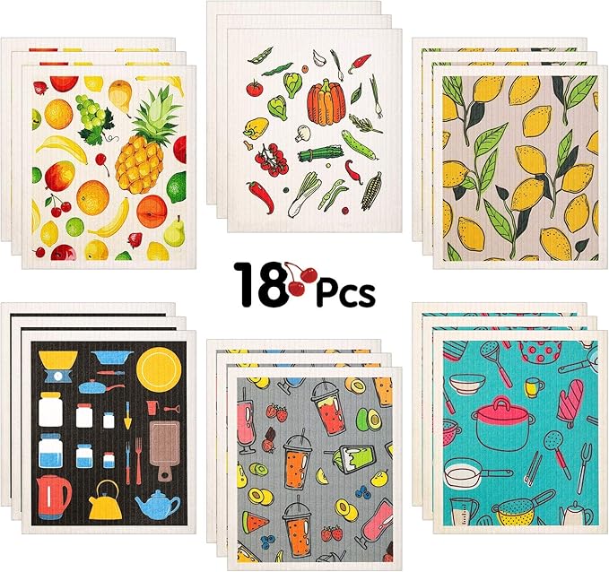 Remagr 18 Pcs Swedish Kitchen Dish Towels - Absorbent Dish Cloths, Quick Drying, Washable Cleaning Wipes, No Odor Hand Towel (Fruits)
