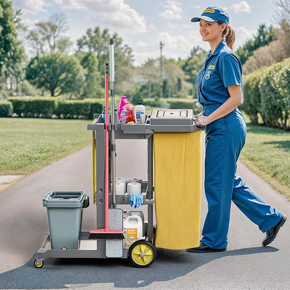 DWVO Janitorial Cart on Wheels, Cleaning Carts, Housekeeping Cart, 3 Shelf Commercial Traditional Plastic Janitor Carts, with 2 Yellow 25 Gallon Vinyl Bag & Rubber Gloves for Restaurant Hotel Home