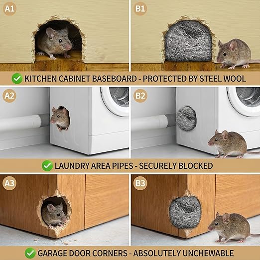 Fine Steel Wool Strips for Rodent Barrier and Hole Filling – Non-Rust Steel Wool for Gap Sealing, Garage Door Space Filling, and Home Maintenance – 14.2" x 3.1", 4 Pack