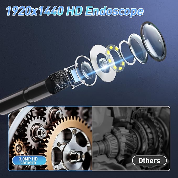 Endoscope Camera with Light, 16.4ft Semi-Rigid Snake Inspection Camera, 1920P HD Borescope with 8 Adjustable LED Lights, 7.9mm IP67 Waterproof Drain Pipe Borescope for iOS and Android