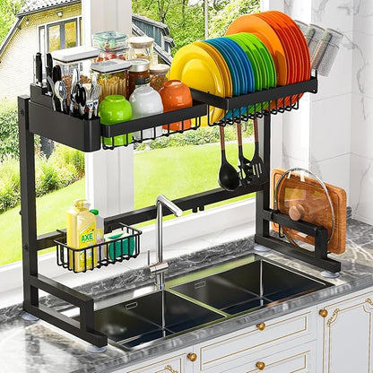 ADBIU 【Fit Sink 24.5"- 32" L 2023 Version Over Sink Dish Drying Rack (Expandable Dimension) Snap-On Design 2 Tier Large Kitchen Dish Rack Stainless Steel Counter Organization and Storage