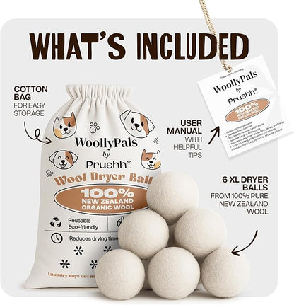 WoollyPals Dryer Balls (6-Pack, XL Size) - 100% New Zealand Wool - No More Dryer Sheets - Eco Dryer Balls - Reusable - Softens Laundry - Reduces Drying Time & Static - with Storage Bag (Plain White)