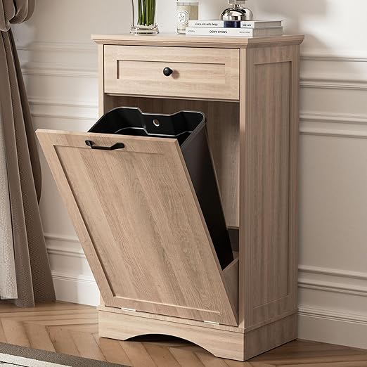 AHB 13 Gallons Tilt Out Trash Cabinet Hidden Trash Can Cabinet Freestanding Garbage Recycling Cabinet with Hideaway Drawer Pet Proof Trash Bin for Kitchen Living Room, Natural