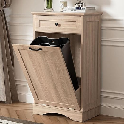 AHB 13 Gallons Tilt Out Trash Cabinet Hidden Trash Can Cabinet Freestanding Garbage Recycling Cabinet with Hideaway Drawer Pet Proof Trash Bin for Kitchen Living Room, Natural