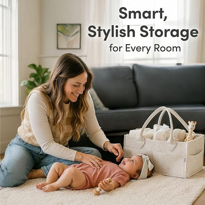 PUTSKA Baby Diaper Caddy Organizer - Nursery Storage Basket for Diaper Station, Baby Basket Shower List and Registry Gift Must-Haves, Newborn Essentials, Nursery Decor for Boy or Girl - White, Large