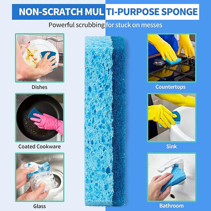 Non-Scratch Cellulose Scrub Sponges 12 Pack, Sponges Kitchen with Double-Side & Ergonomic Design for Dishes, Coated Cookware, Sink & Countertops.