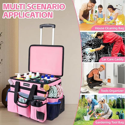 Extra Large Rolling Cleaning Caddy Bag with Wheels, Cleaning Baskets Bags with Detachable Trolley For Housekeepers , Water Resistant Cleaner Supplies Organizer with Wheels for Kitchen, Car